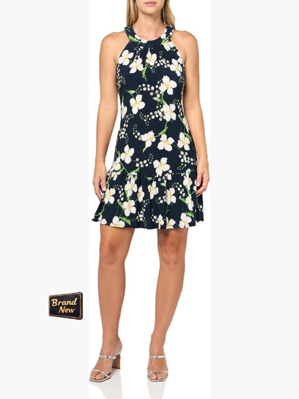 Sleeveless Halter Neck Ruffle Hem Shift Dress Floral Print
